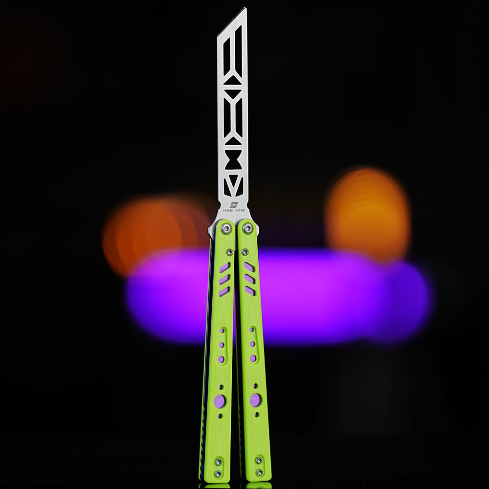 Armed Shark REP V2 Butterfly Trainer with neon green G10 handles shown in front view under studio lighting