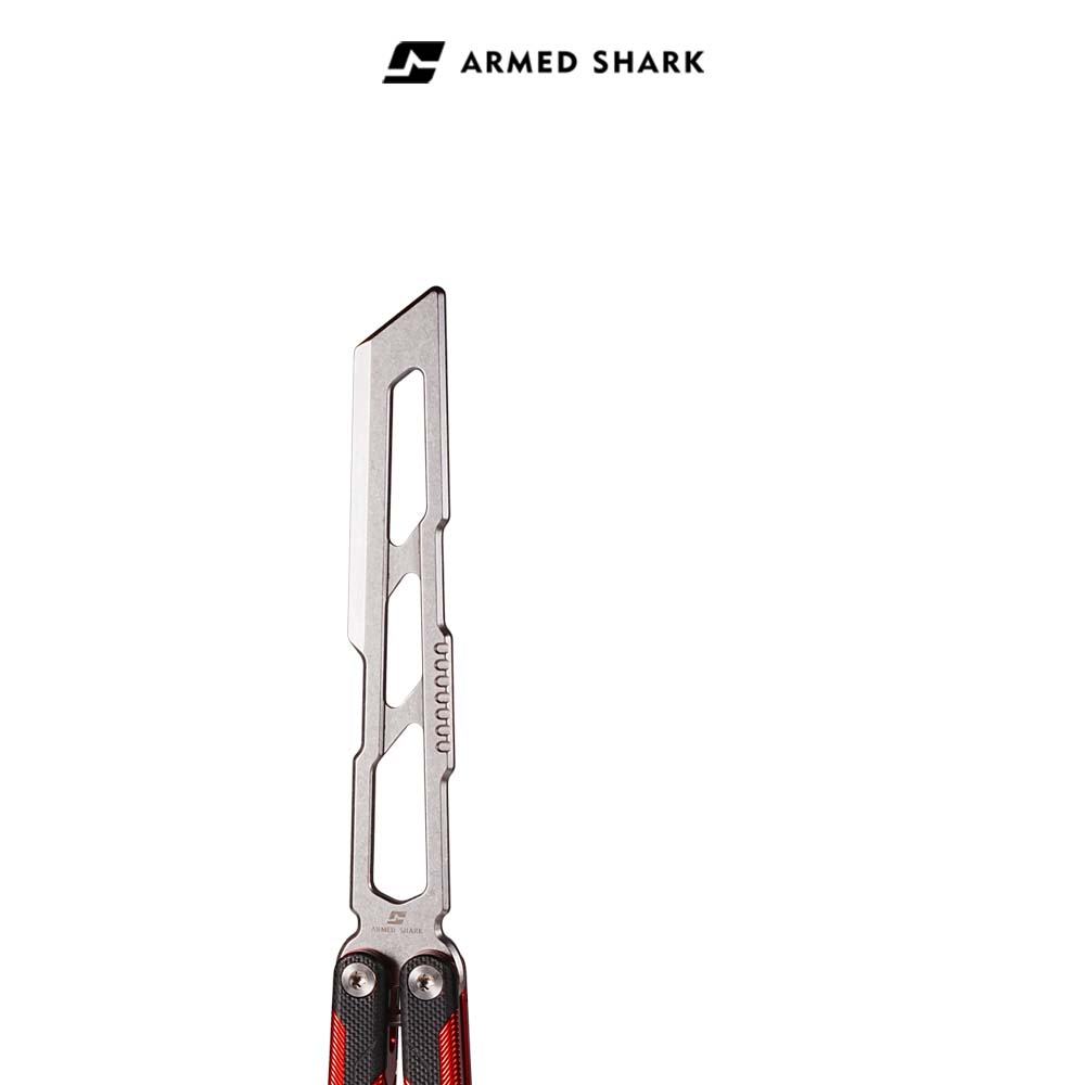 Close-up of Armed Shark Ajax Series trainer handle with red and silver detailing
