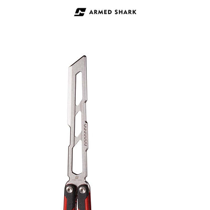 Close-up of Armed Shark Ajax Series trainer handle with red and silver detailing
