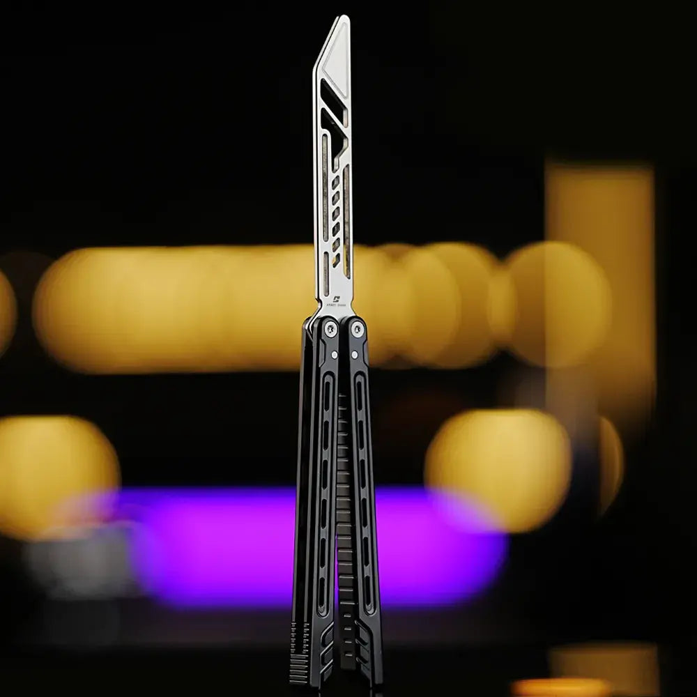Front view of Armed Shark Athena Balisong Trainer in black, fully open position showing CNC-machined handles and polished training edge under studio lighting