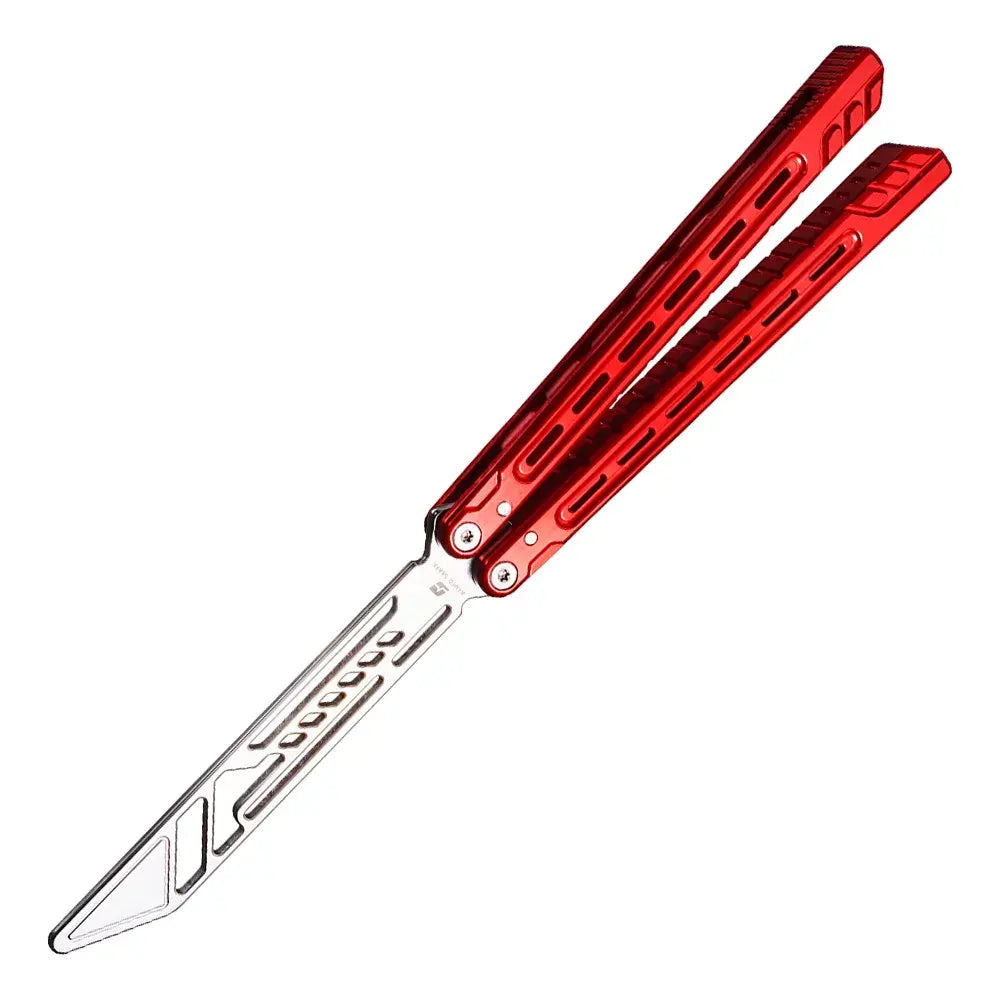 Armed Shark Athena Balisong Trainer in red, angled open view with CNC-machined handles and polished stainless training edge on white background