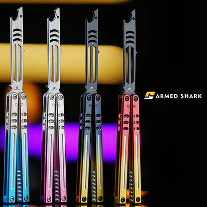 Four Armed Shark bottle-opener balisong trainers in silver-blue, silver-pink, black-yellow, and red-orange gradients, front view, studio background.