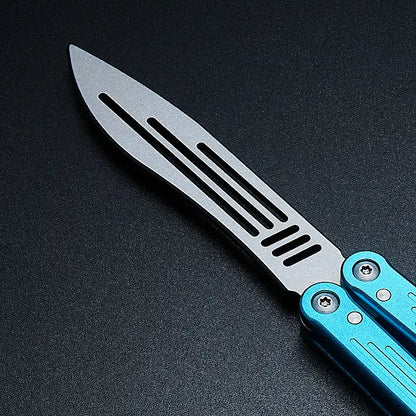 Armed Shark Balisong Trainer with blue handle and silver stainless steel edge design.