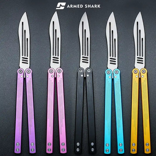 Armed Shark Balisong Trainer set in purple, pink, black, blue, and gold handles – group lineup view.