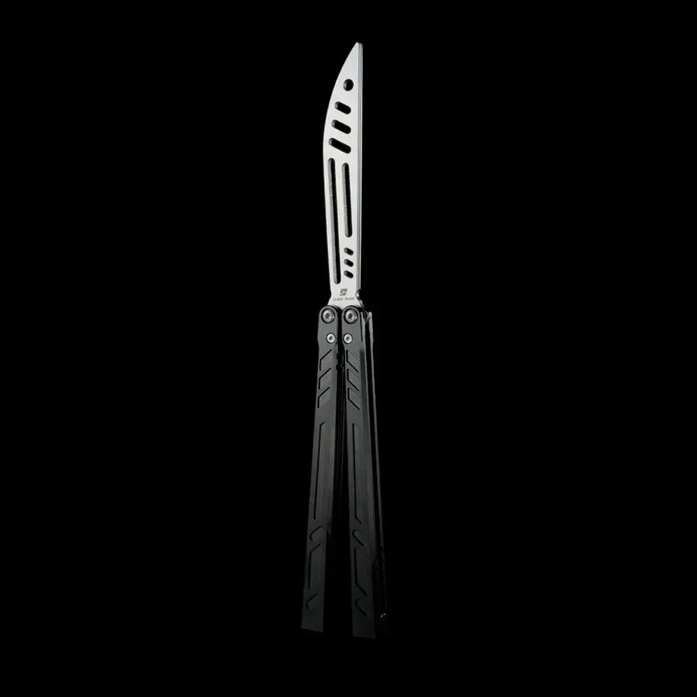 Armed Shark BB 7075 balisong trainer with black aluminum handle front view.