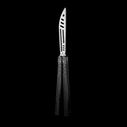 Armed Shark BB 7075 balisong trainer with black aluminum handle front view.