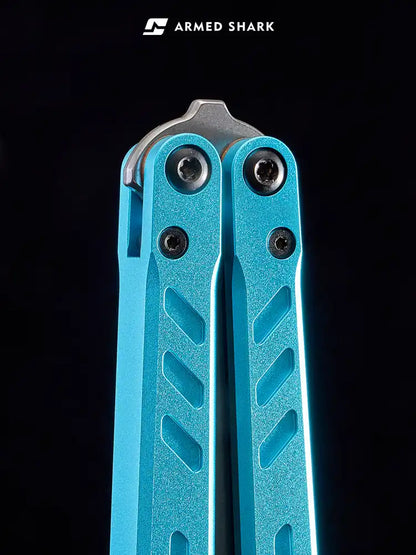Close-up of Armed Shark BB 7075 balisong trainer blue aluminum handle with pivot screws.