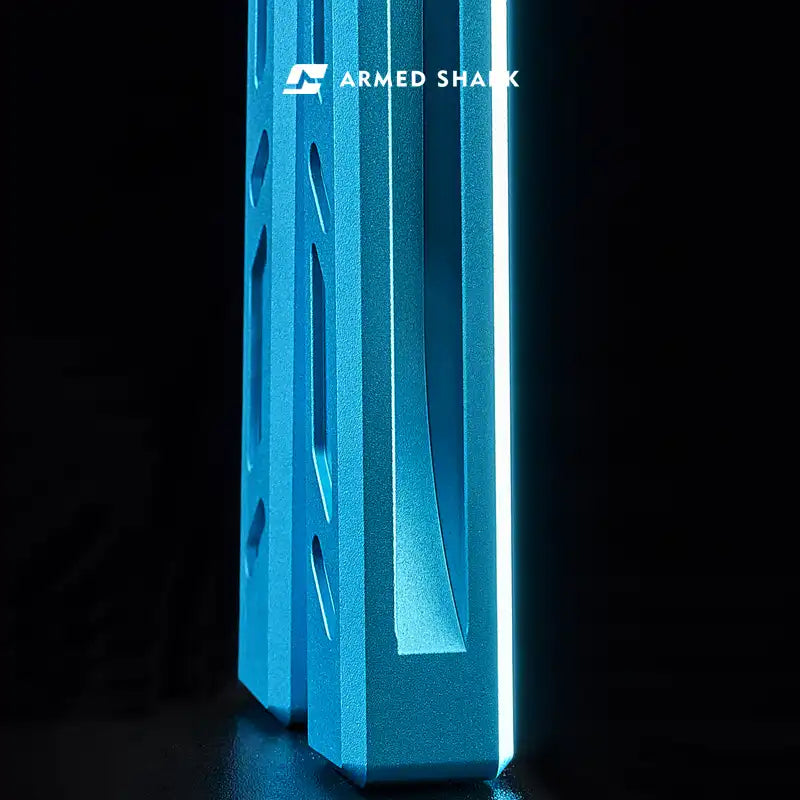 Armed Shark BB 7075 balisong trainer featuring bright blue handle design.
