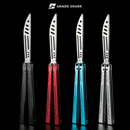 Lineup of Armed Shark BB 7075 balisong trainer handles in black, red, silver, and blue.