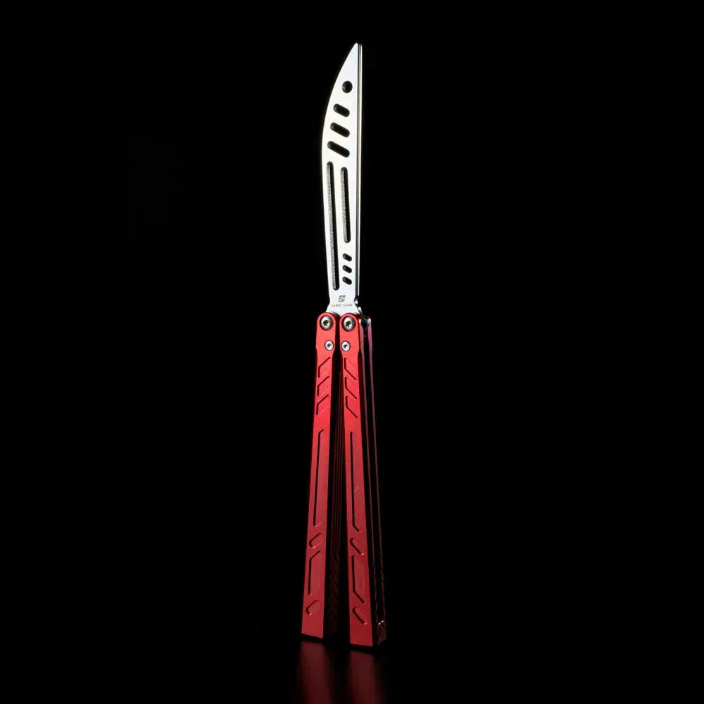 Single Armed Shark BB 7075 balisong trainer with vivid red anodized handle.