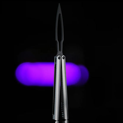 Armed Shark CK-SR DLC balisong trainer with black coated blade and silver titanium handles