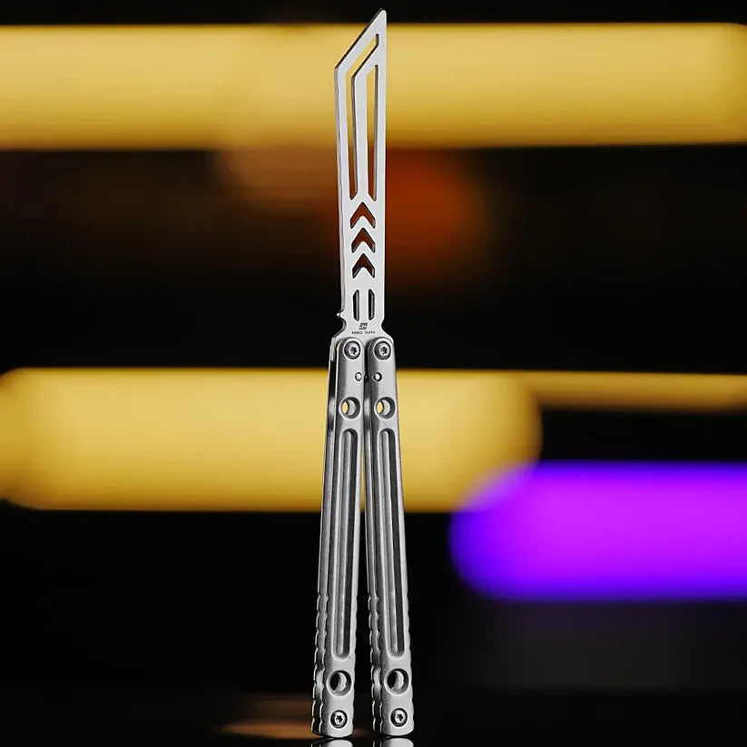 Armed Shark Dangerous Wanderer Balisong Trainer in Silvery finish with stonewashed handle