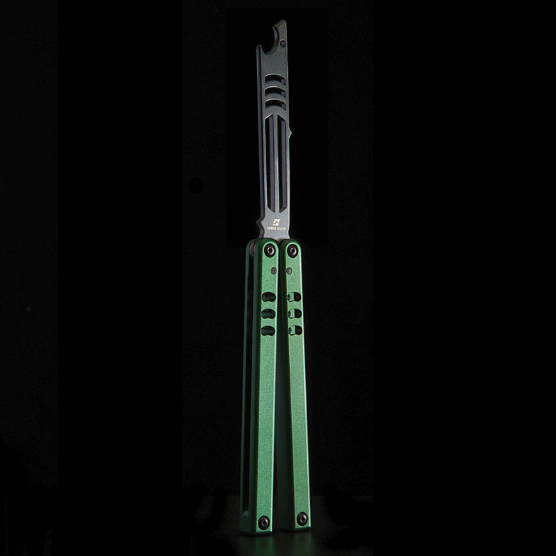 Armed Shark Inked Mako bottle-opener balisong trainer with black training edge and green anodized handles, front view on black background.