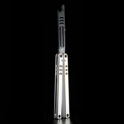 Armed Shark Inked Mako bottle-opener balisong trainer with black training edge and silver handles, front view on black background.