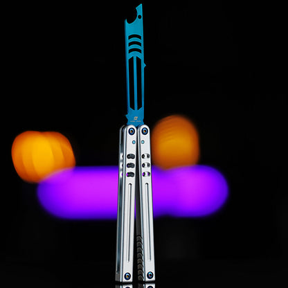 Armed Shark Inked Mako bottle-opener balisong trainer with blue training head and silver handles, front view, studio background.