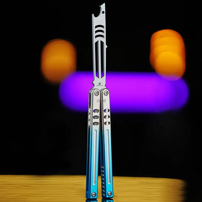 Armed Shark Inked Mako bottle-opener balisong trainer with silver training edge and silver-to-blue gradient handles, front view, studio background.
