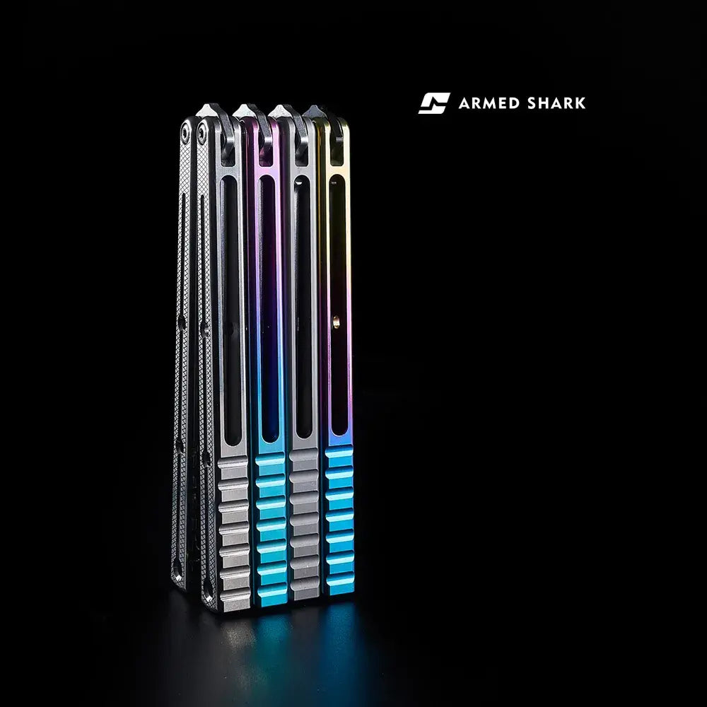 Armed Shark Krake Raken v3 Titanium Balisong Trainer blue purple folded view