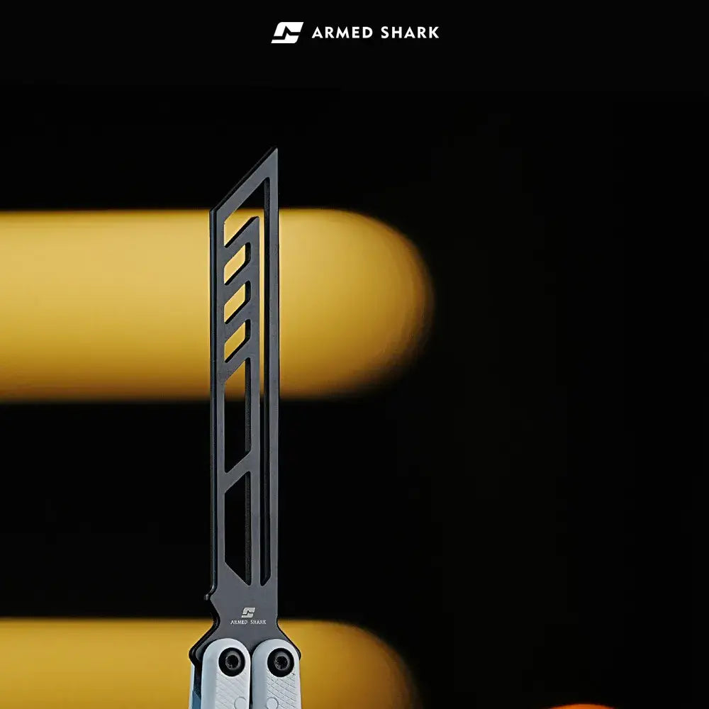 Armed Shark Krake Raken v3 Ceramic Balisong Trainer – close-up of black dull training blade