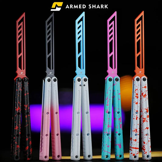 Armed Shark Krake Raken v3 Ceramic Balisong Trainer – multi-color lineup with aluminum handles and safe training blades