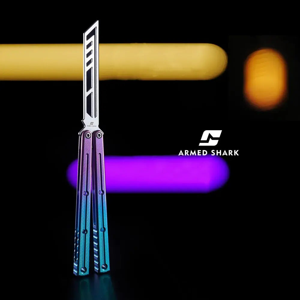 Armed Shark Krake Raken v3 Titanium Balisong Trainer gradient blue angled view