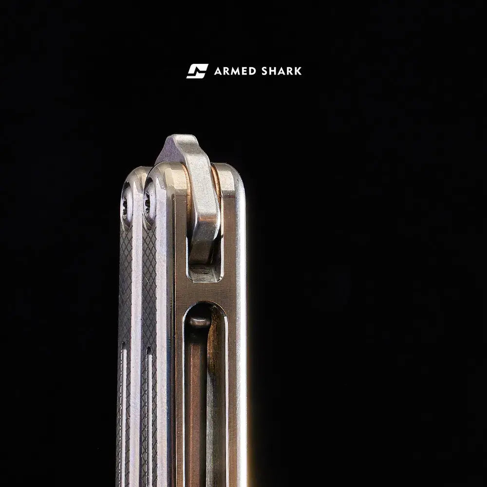 Armed Shark Krake Raken v3 Titanium Balisong Trainer handle detail close up
