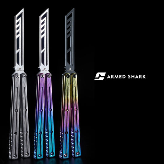 Armed Shark Krake Raken v3 Titanium Balisong Trainer rainbow and silvery front view