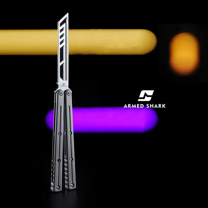 Armed Shark Krake Raken v3 Titanium Balisong Trainer silvery front view with glowing background