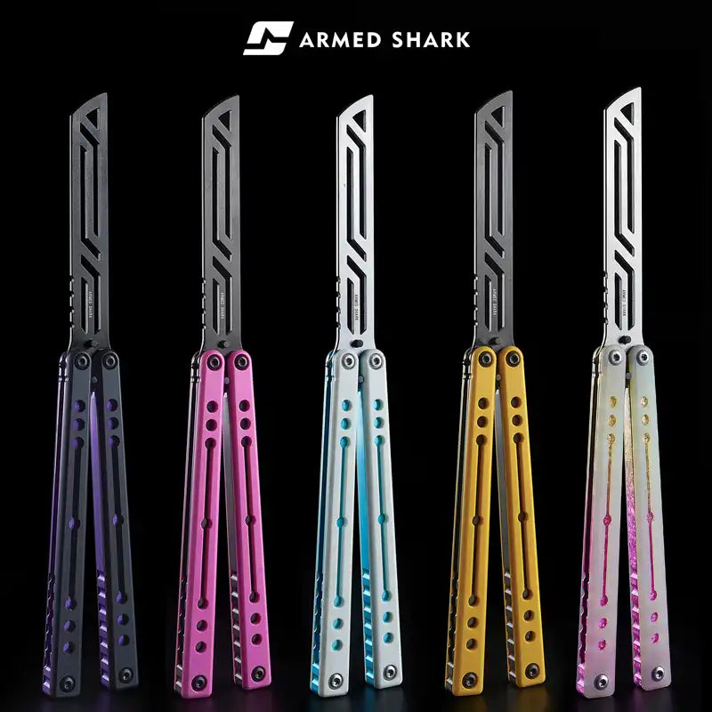 Armed Shark Nautilus v2 Balisong Trainer black handle with blue liners safe practice knife
