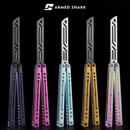 Armed Shark Nautilus v2 Balisong Trainer black handle with blue liners safe practice knife