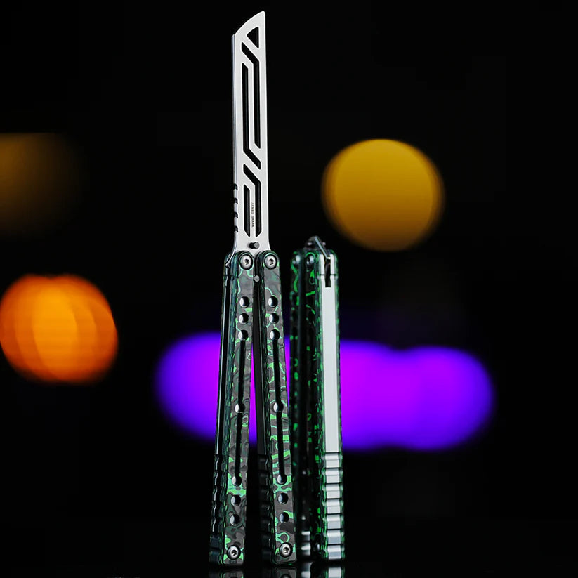 Armed Shark Nautilus v2 Balisong Trainer – Carbon Fiber Green Ripple | Premium balance and durability for smooth flipping practice