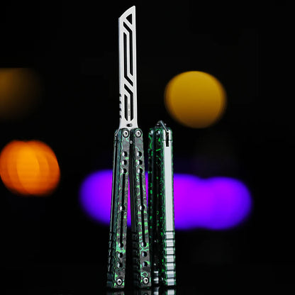 Armed Shark Nautilus v2 Balisong Trainer – Carbon Fiber Green Ripple | Premium balance and durability for smooth flipping practice
