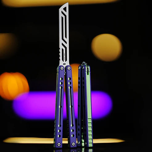 Armed Shark Nautilus v2 Balisong Trainer – Purple Green | Purple and green handle with silver trainer edge
