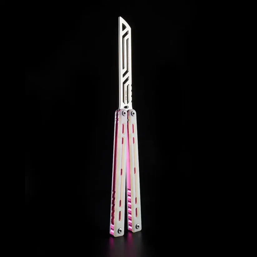 Armed Shark Nautilus v2 Balisong Trainer – SE Transparent Pink | White transparent handle with pink liners and silver trainer edge