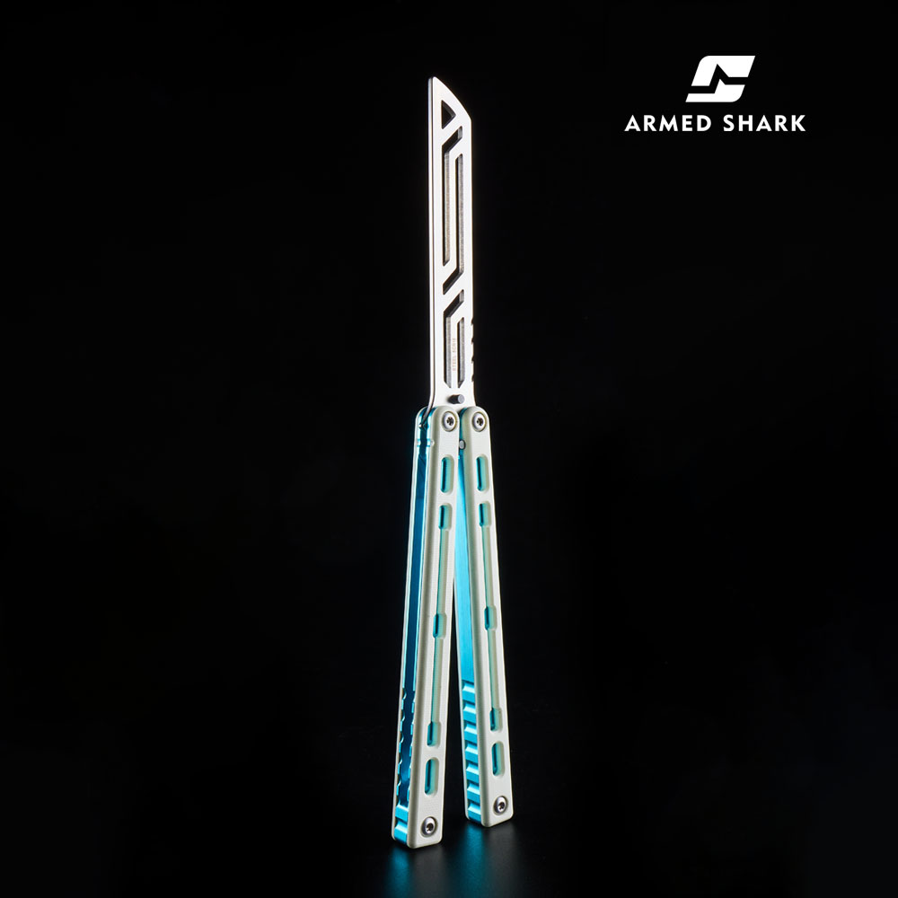 Armed Shark Nautilus v2 Balisong Trainer – White Blue | White handle with blue accents and silver trainer edge