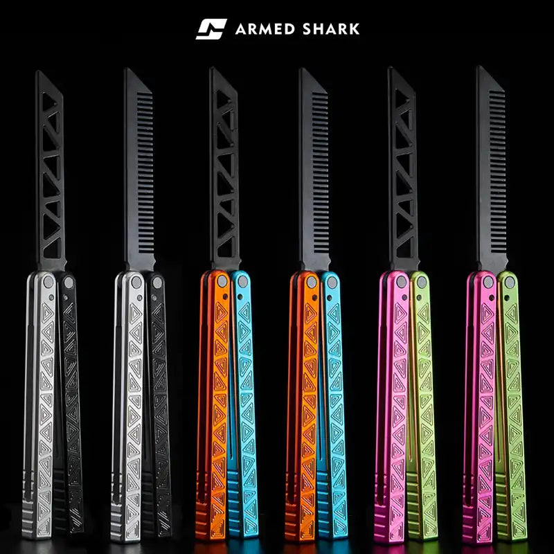 Armed Shark Original Balisong Trainer set with comb version and trainer blades in multiple colors.