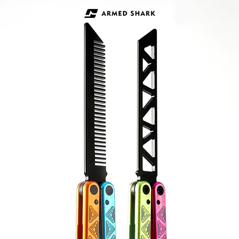 Close-up of Armed Shark Original Balisong Trainer with comb blade and trainer blade in orange, blue, pink, and green handles.