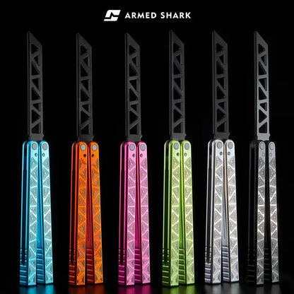 Armed Shark Original Balisong Trainer lineup in six colors – blue, orange, pink, green, silver, and black.