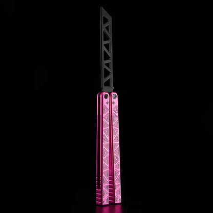 Armed Shark Original Balisong Trainer with dual pink anodized handles and black trainer blade.