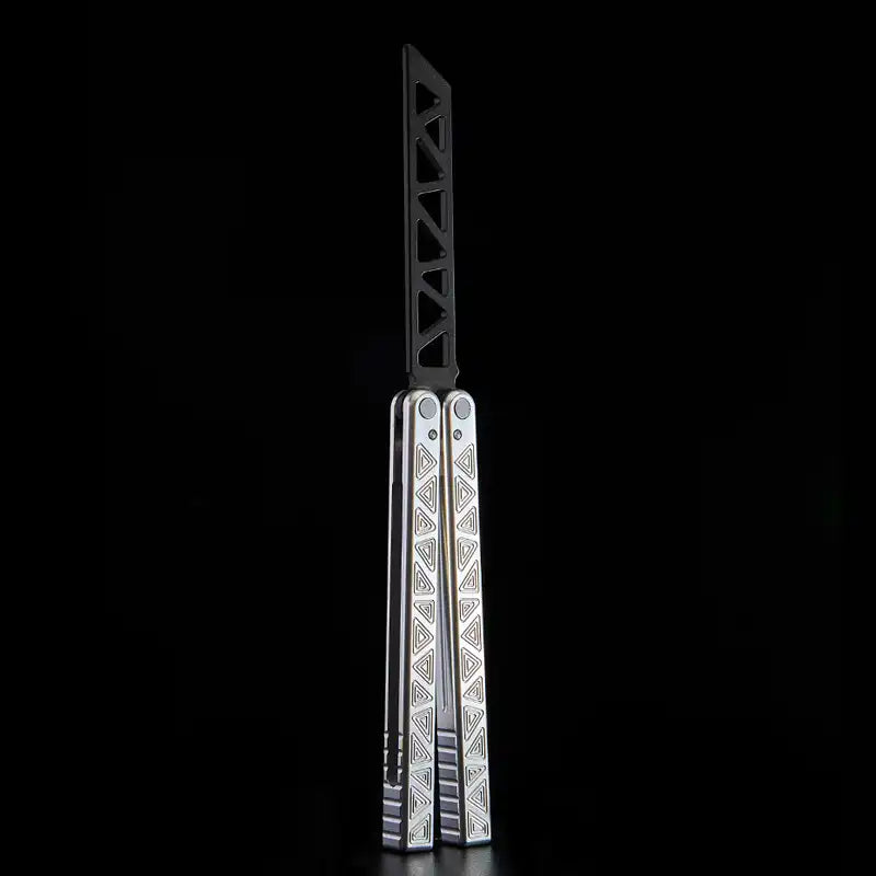 Armed Shark Original Balisong Trainer with silver textured handles and black trainer blade.