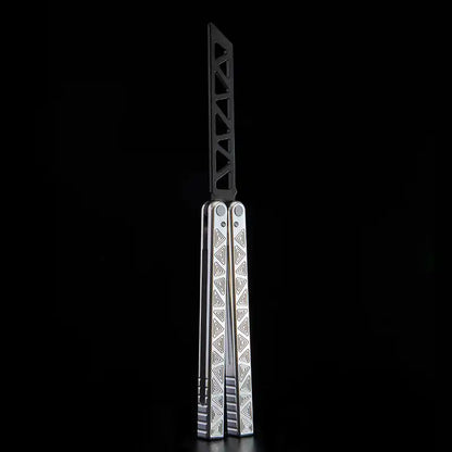 Armed Shark Original Balisong Trainer with silver textured handles and black trainer blade.