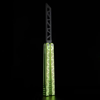 Armed Shark Original balisong style trainer with metallic green engraved handles