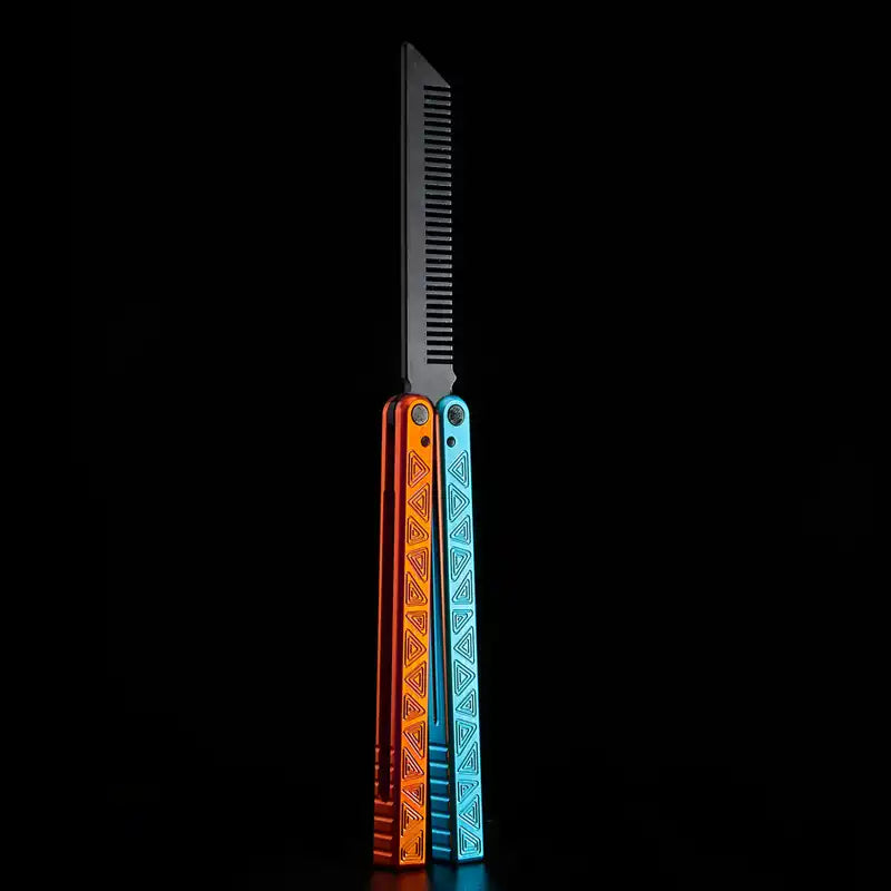 Armed Shark Original balisong style comb trainer with orange and blue handles