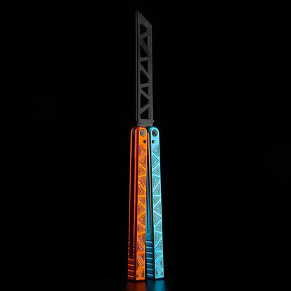 Armed Shark Original balisong style trainer with dual-tone orange and blue engraved handles