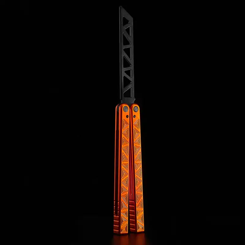 Armed Shark Original balisong style trainer with full orange engraved handles