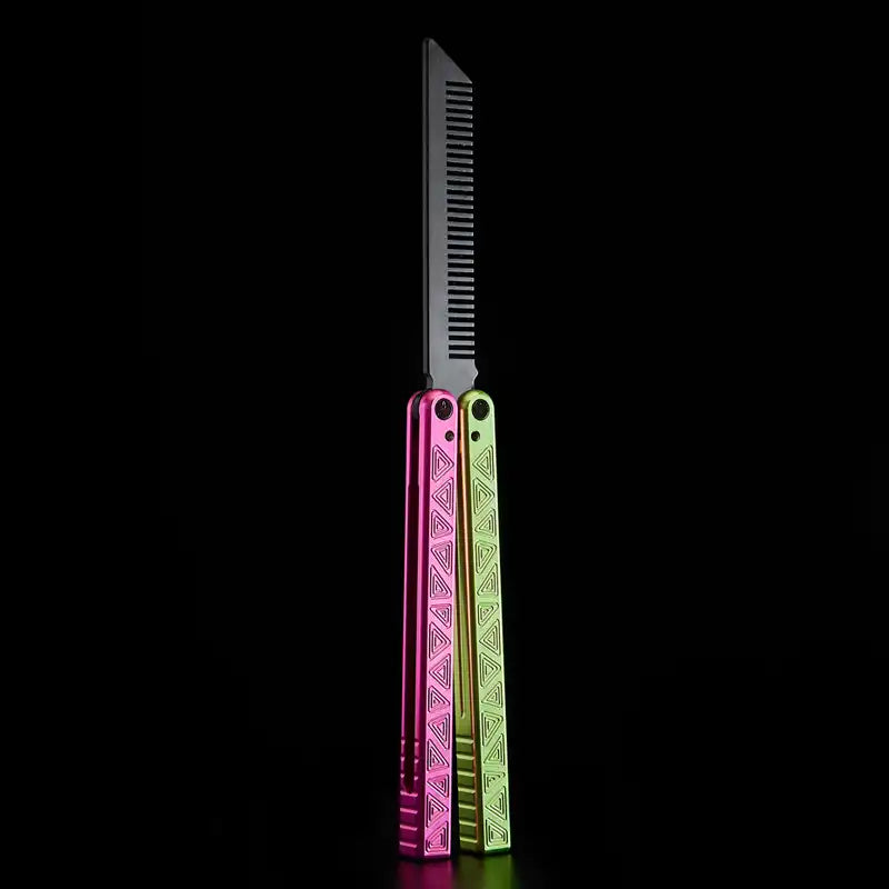 Armed Shark Original balisong style pink and green handle comb trainer