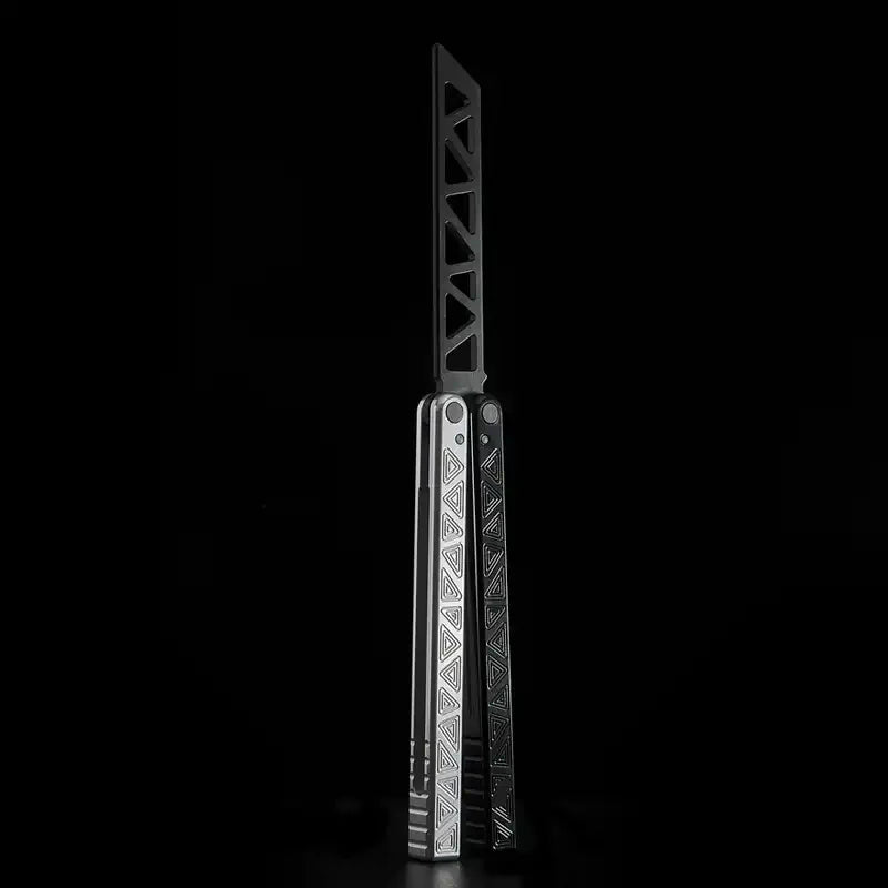 Armed Shark Original balisong style trainer with silver engraved handles and black spine