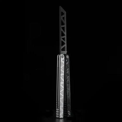 Armed Shark Original balisong style trainer with silver engraved handles and black spine