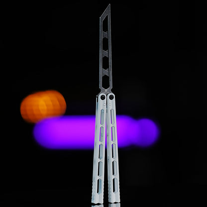 Armed Shark Prism Balisong Trainer skeleton blade version with white handles showing lightweight balanced design