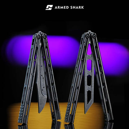 Armed Shark Prism Balisong Trainer folded view showing balanced handles and precise hinge alignment