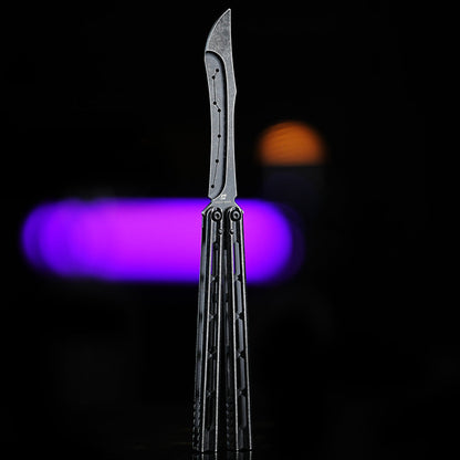 Armed Shark Prism Balisong Trainer front view in black handles showing stonewash finish and ergonomic balance